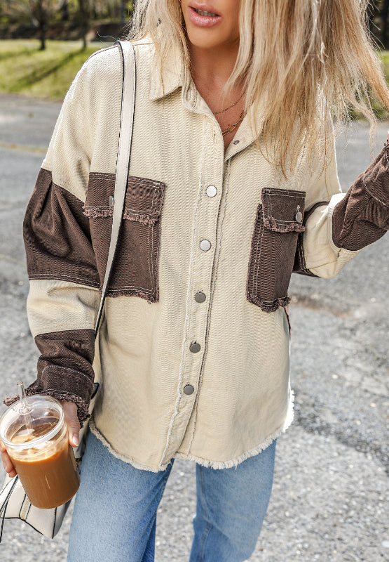 Raw Hem Contrast Collared Neck Jacket