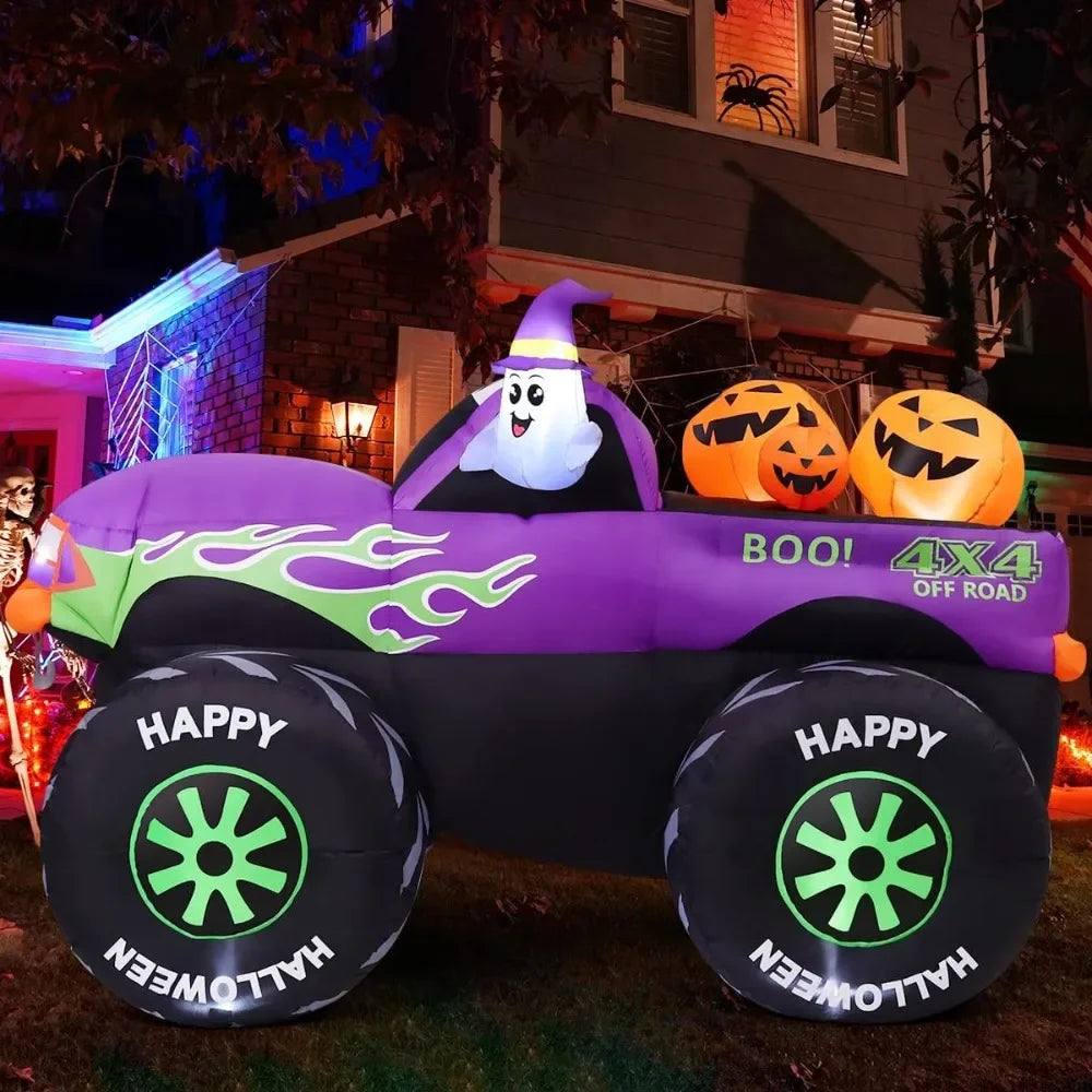 8 FT Long Halloween Inflatables Monster Truck Outdoor Decorations Blow Up Yard Cute Ghost with Pumpkin on Truck Car with B