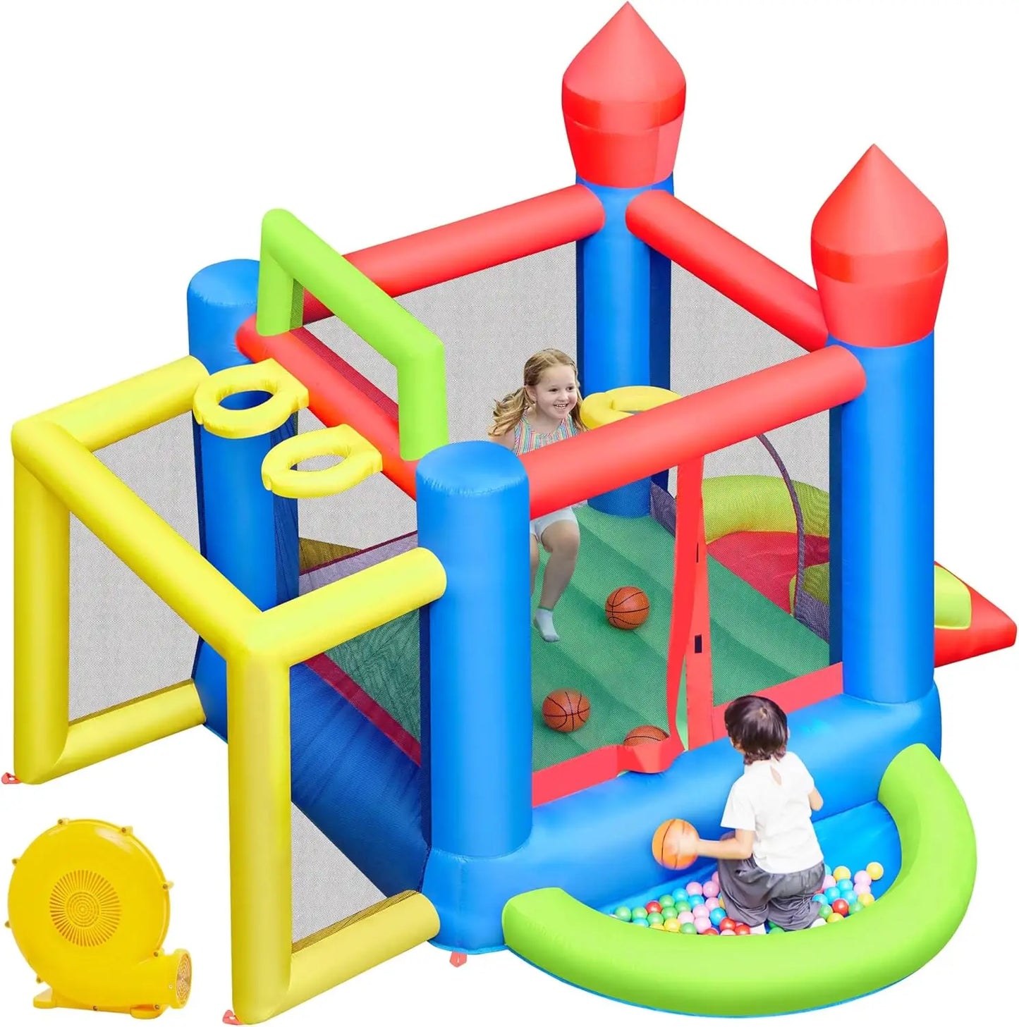 Inflatable Bounce House, 7-in-1 Bouncy Castle Combo w/Ball Pit & 3 Basketball Hoops  Soccer Goal  Dartboard  Slide,