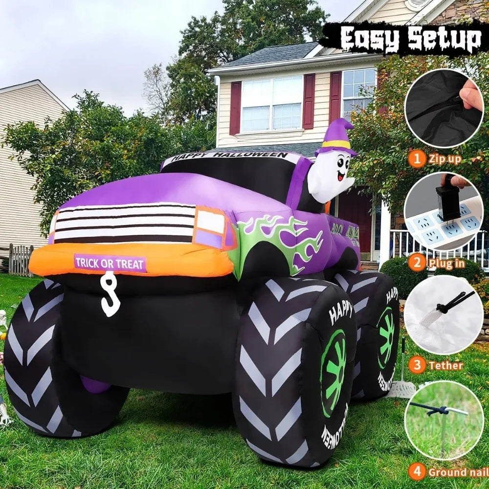 8 FT Long Halloween Inflatables Monster Truck Outdoor Decorations Blow Up Yard Cute Ghost with Pumpkin on Truck Car with B