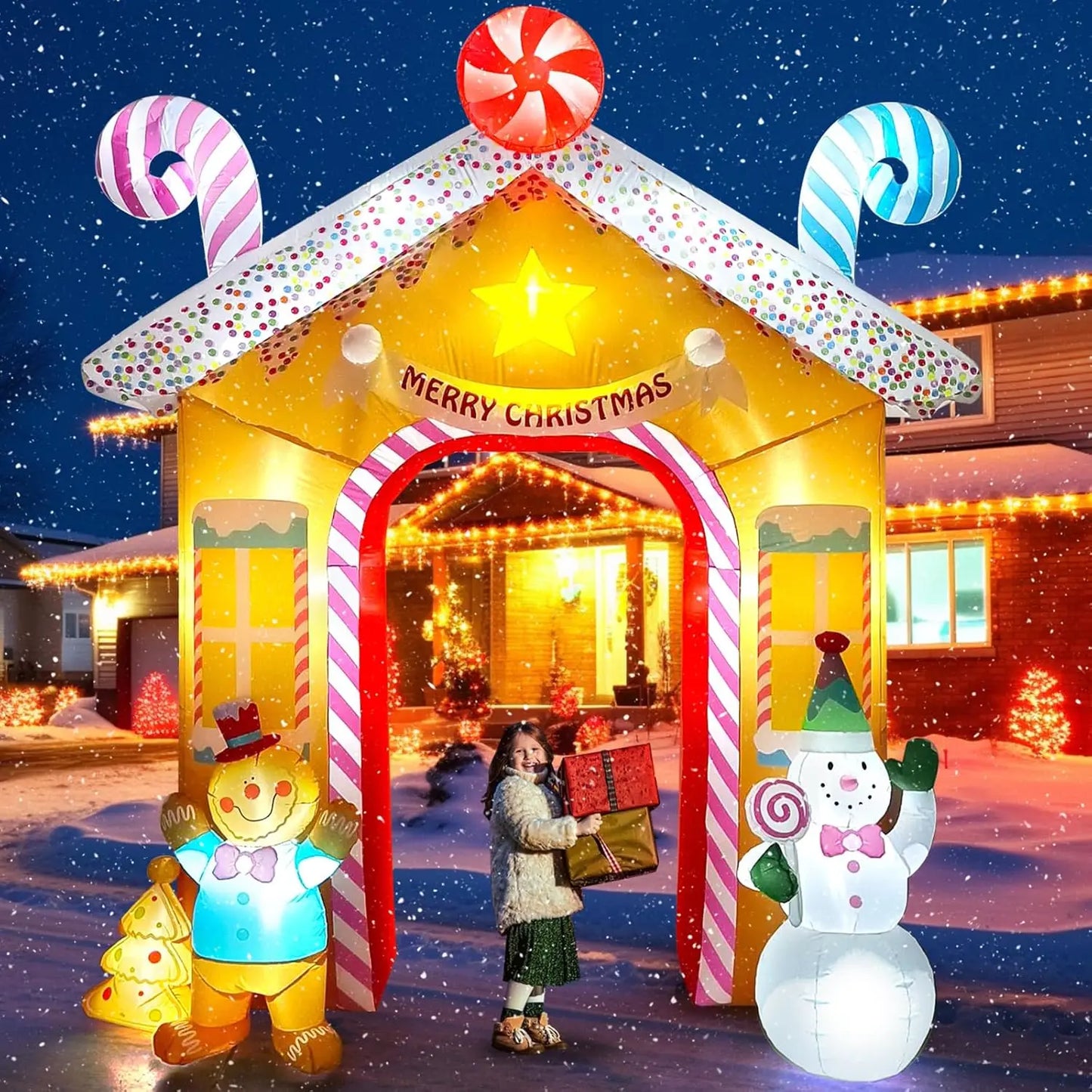 10FT Christmas Inflatables Arch for Outdoor Decoration, Xmas Gingerbread Man Snowman Blow Up Yard Decorations