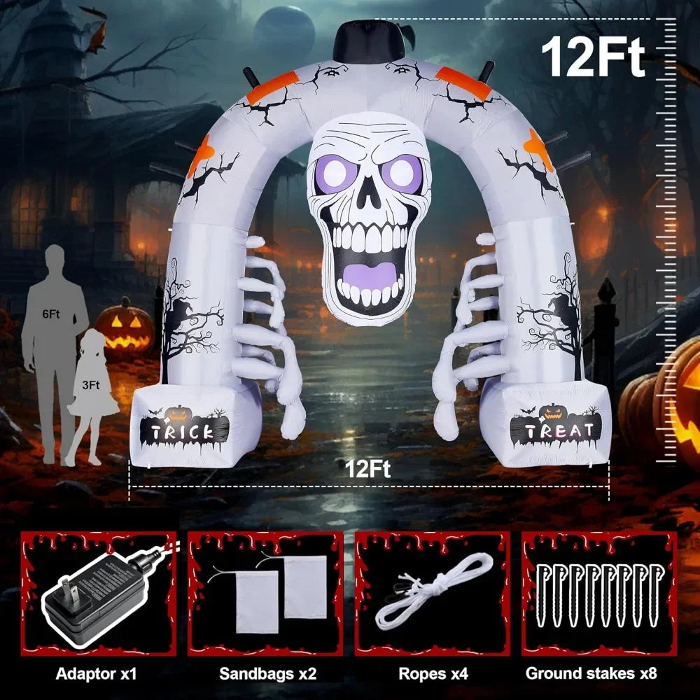 12 FT Halloween Inflatables, Scary Skeleton Archway Halloween Inflatable Outdoor Decoration, Build-in LEDs Spooky Blow Up Yard H