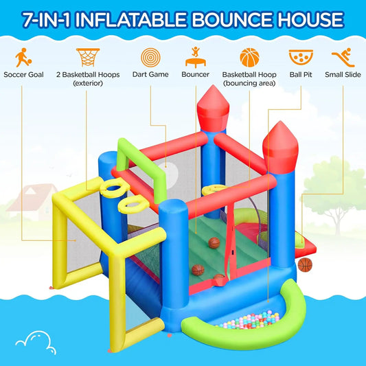 Inflatable Bounce House, 7-in-1 Bouncy Castle Combo w/Ball Pit & 3 Basketball Hoops  Soccer Goal  Dartboard  Slide,