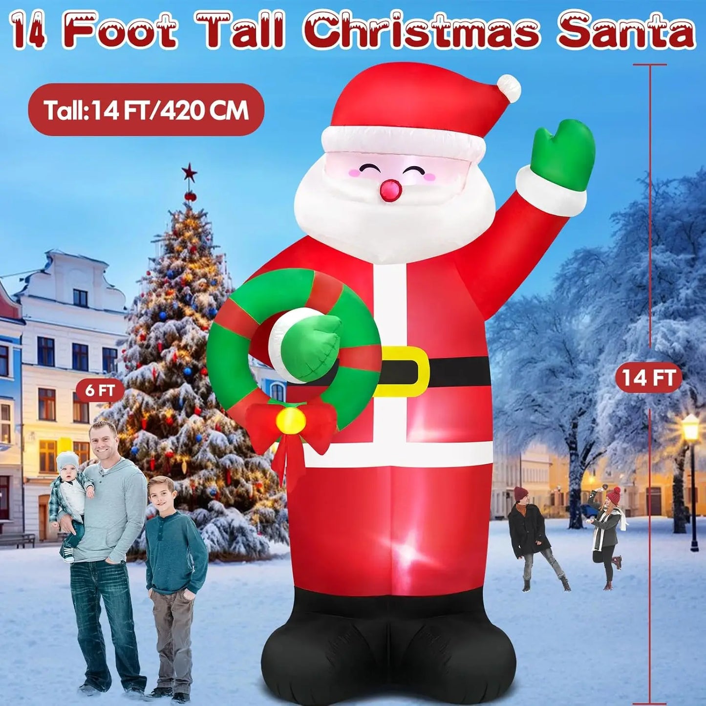 14FT Giant Christmas Inflatable Santa Claus Outdoor Decorations, Christmas Blow Up Santa with Wreath Built-in LED Lights