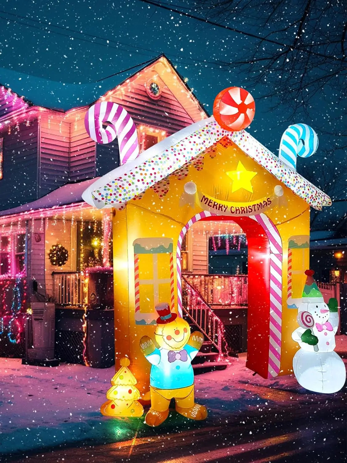 10FT Christmas Inflatables Arch for Outdoor Decoration, Xmas Gingerbread Man Snowman Blow Up Yard Decorations