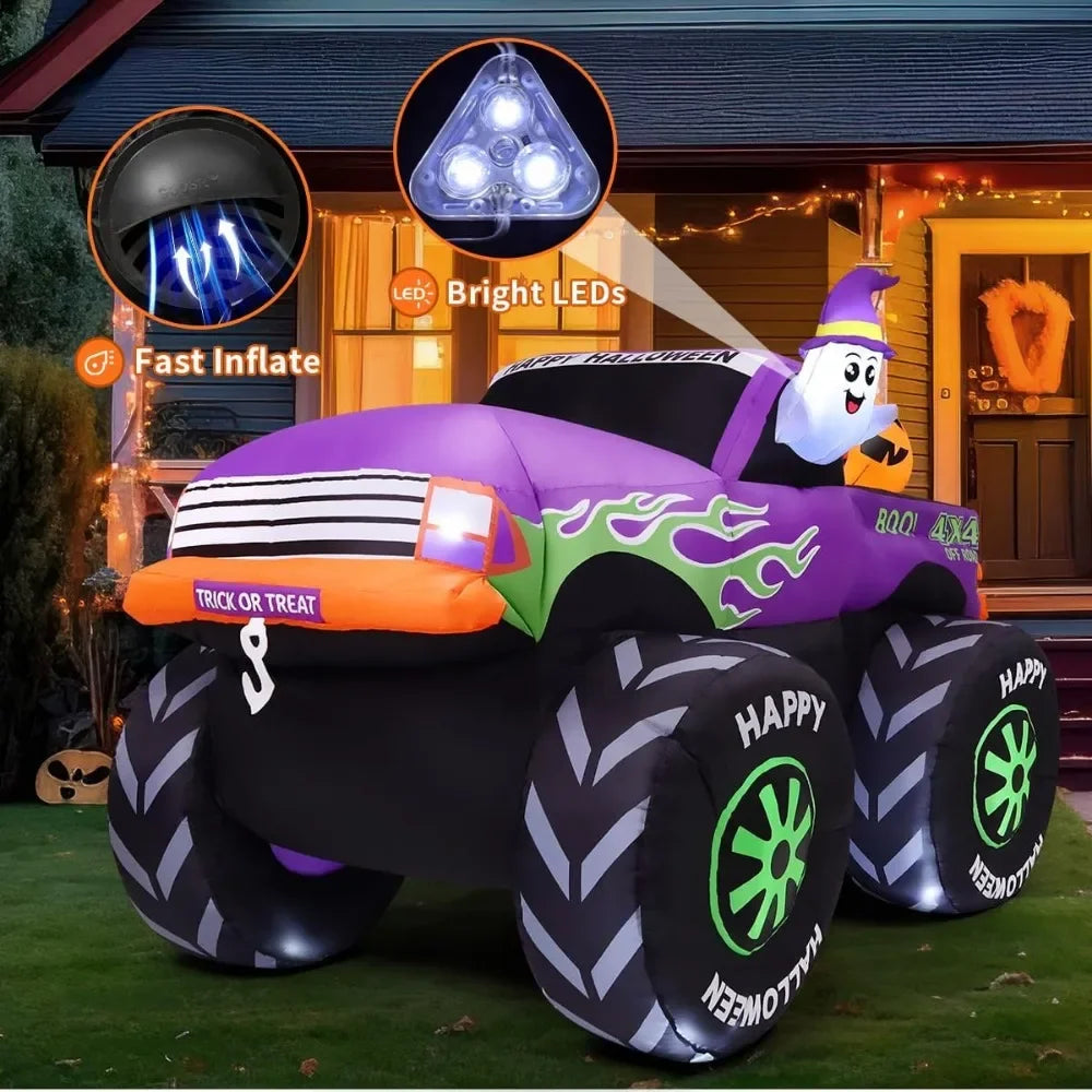 8 FT Long Halloween Inflatables Monster Truck Outdoor Decorations Blow Up Yard Cute Ghost with Pumpkin on Truck Car with B