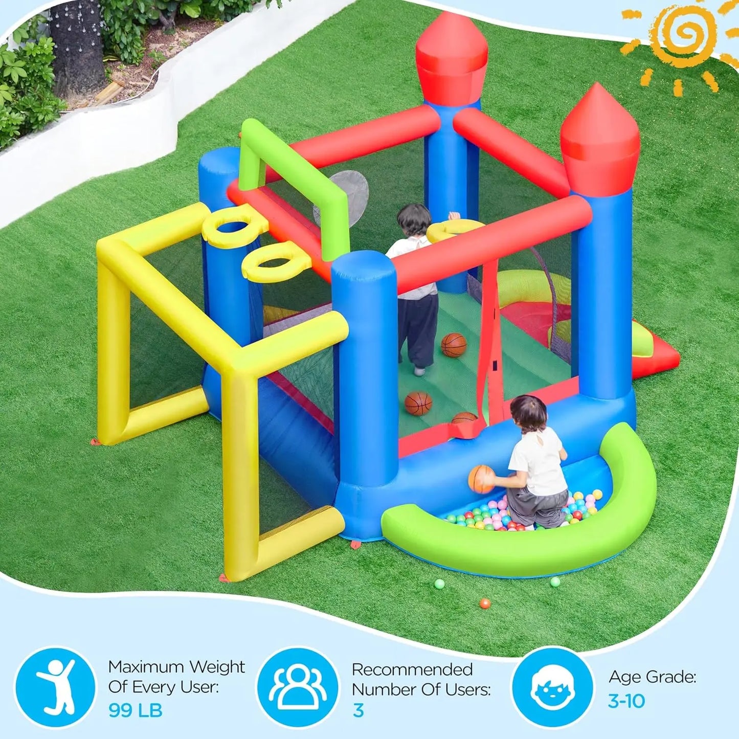 Inflatable Bounce House, 7-in-1 Bouncy Castle Combo w/Ball Pit & 3 Basketball Hoops  Soccer Goal  Dartboard  Slide,