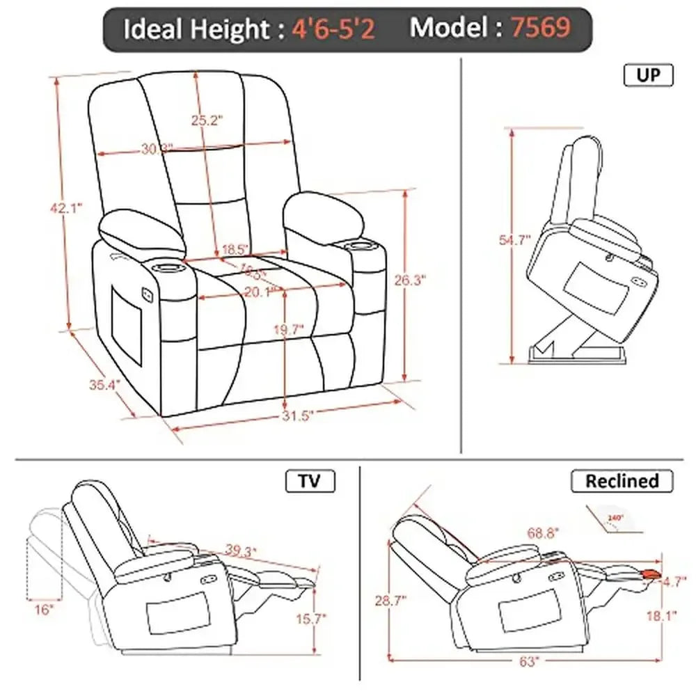 Power Lift Recliner Chair with Massage Heat USB Ports Fabric Small 7569 Convenient Cup Holders Extended Footrest Vibration