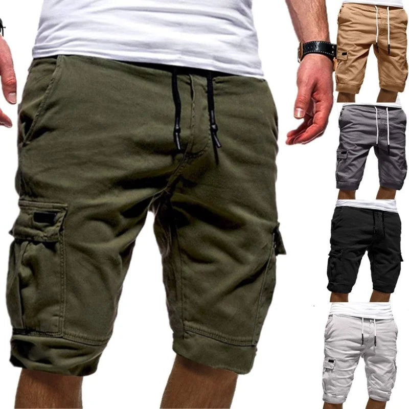 2023 New Mens Clothing Summer Cargo Mid Waist Drawstring Beach Vacation Knee Pants Casual Solid Color Pockets All-match Pants