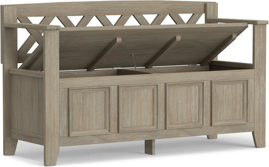 Amherst SOLID WOOD 48 inch Wide Entryway Storage Bench with Safety Hinge, Multifunctional Transitional in Distressed Grey