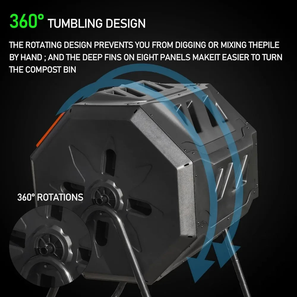 Outdoor Composting Bin, 43 Gallon Double Chamber Rolling Composting Bin, Rolling Rotary Composting Bin with Sliding Door