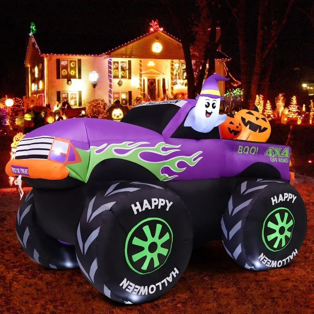 8 FT Long Halloween Inflatables Monster Truck Outdoor Decorations Blow Up Yard Cute Ghost with Pumpkin on Truck Car with B