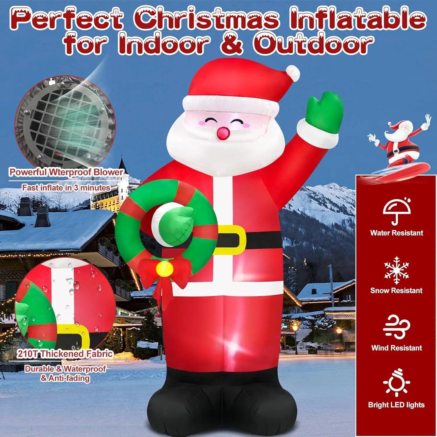 14FT Giant Christmas Inflatable Santa Claus Outdoor Decorations, Christmas Blow Up Santa with Wreath Built-in LED Lights