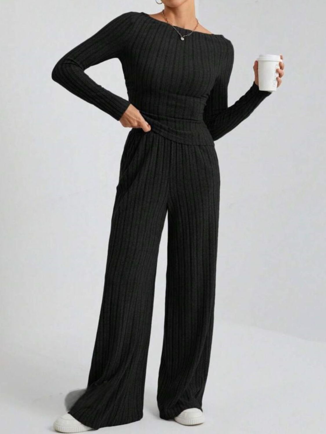 Ribbed Off-Shoulder Top and Pants Set