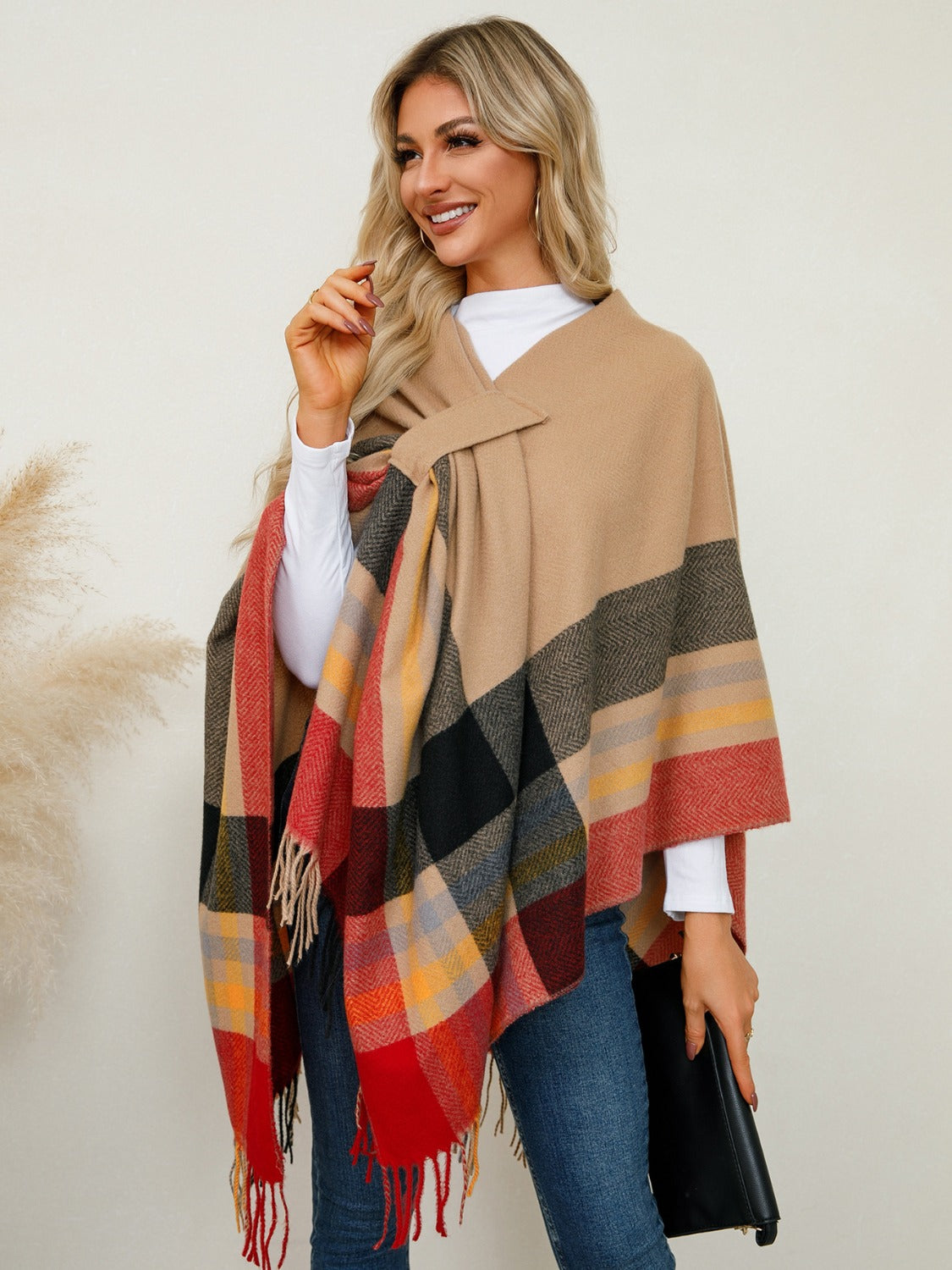 Fringe Contrast Plaid Poncho