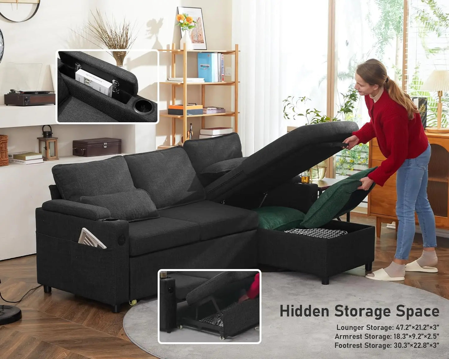 Sofa Bed Sleeper Pull Out 2 in 1 Sectional Sleeper Sofa Couches with Storage,USB, Cup Holder,Pullout Sectional Couches