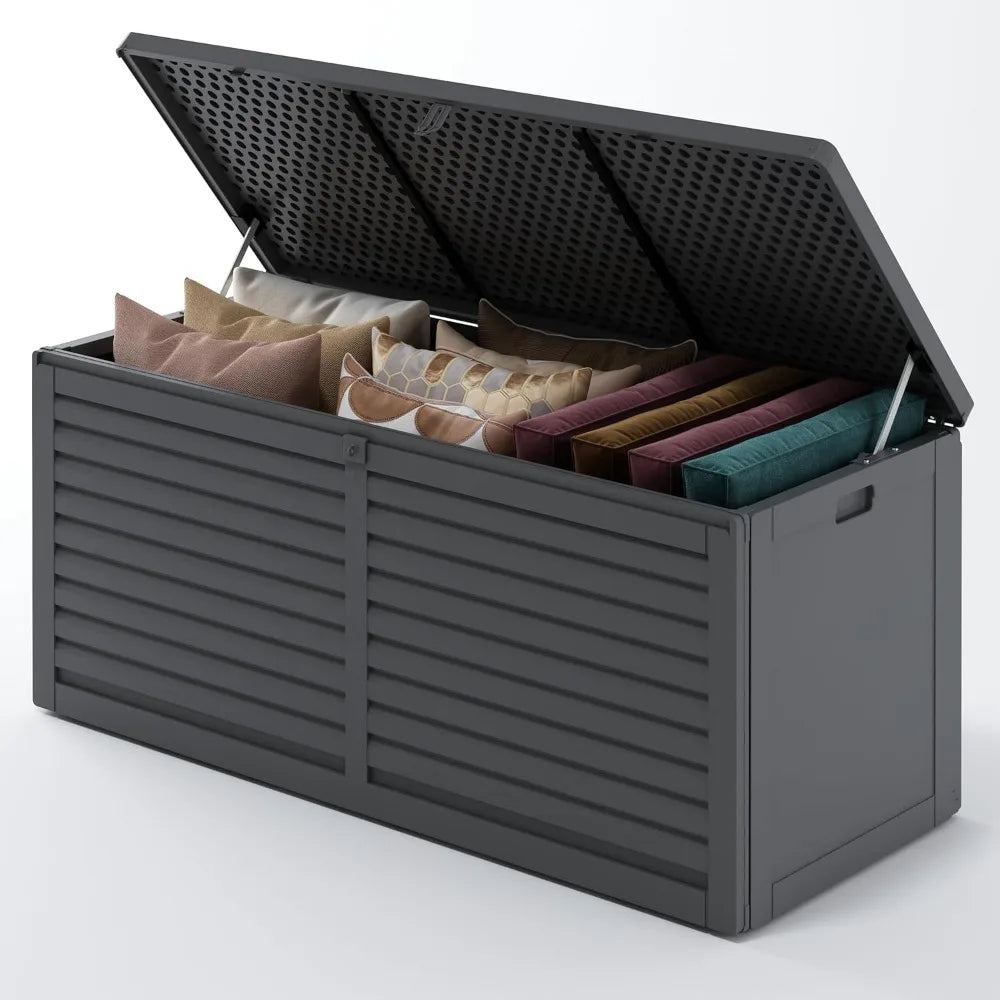 130 Gallon Resin Deck Box, Large Outdoor Storage with Lockable Lid & Side Handles, Deck Boxes Outdoor Waterproof