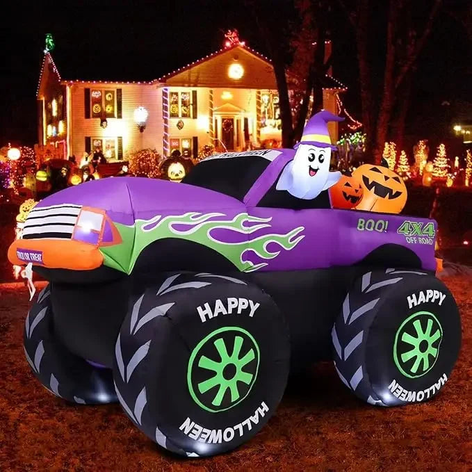 8 FT Long Halloween Inflatables Monster Truck Outdoor Decorations Blow Up Yard Cute Ghost with Pumpkin on Truck Car with B