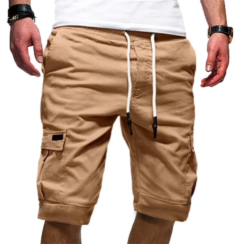 2023 New Mens Clothing Summer Cargo Mid Waist Drawstring Beach Vacation Knee Pants Casual Solid Color Pockets All-match Pants