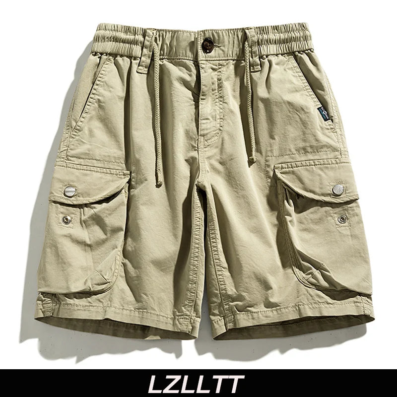 Summer Men Cargo Multi Pocket Shorts Pants Mens Casual Solid Cotton Shorts Elastic Waist Spring Jogger Shorts Male Dropshipping