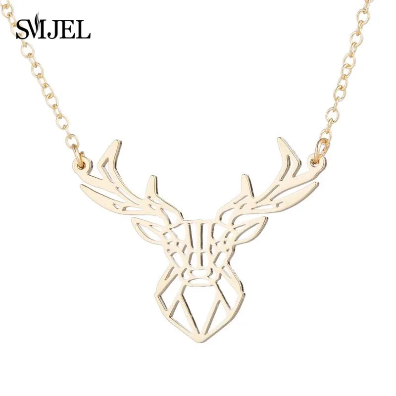 Punk Elk Deer Antlers Pendant Necklace Women Stainless Steel Origami Geometric Animal Necklace For Christmas Gifts Girls