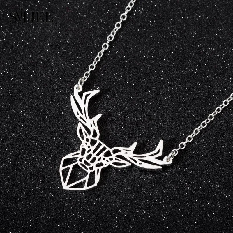 Punk Elk Deer Antlers Pendant Necklace Women Stainless Steel Origami Geometric Animal Necklace For Christmas Gifts Girls