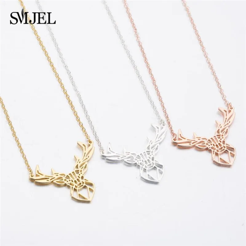 Punk Elk Deer Antlers Pendant Necklace Women Stainless Steel Origami Geometric Animal Necklace For Christmas Gifts Girls