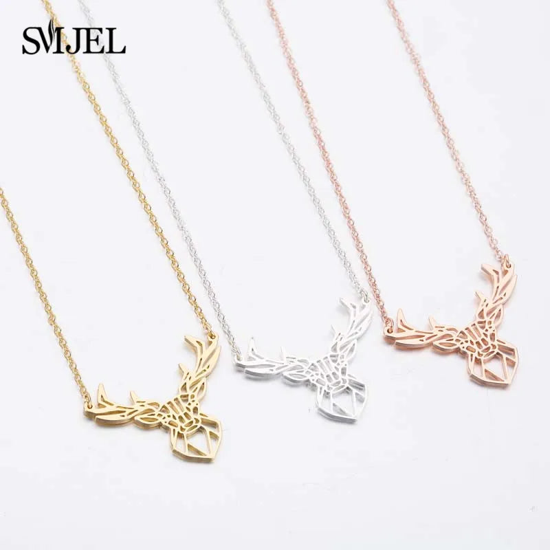 Punk Elk Deer Antlers Pendant Necklace Women Stainless Steel Origami Geometric Animal Necklace For Christmas Gifts Girls