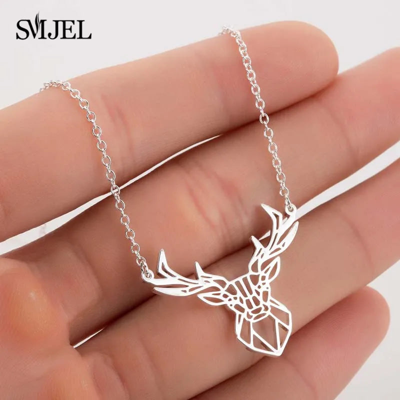 Punk Elk Deer Antlers Pendant Necklace Women Stainless Steel Origami Geometric Animal Necklace For Christmas Gifts Girls