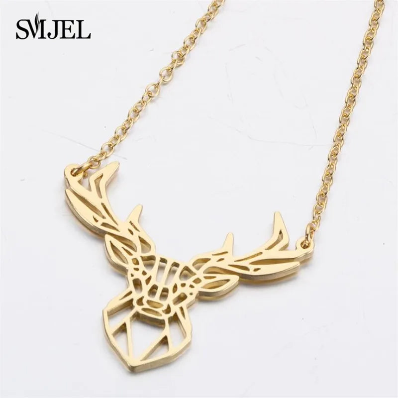 Punk Elk Deer Antlers Pendant Necklace Women Stainless Steel Origami Geometric Animal Necklace For Christmas Gifts Girls