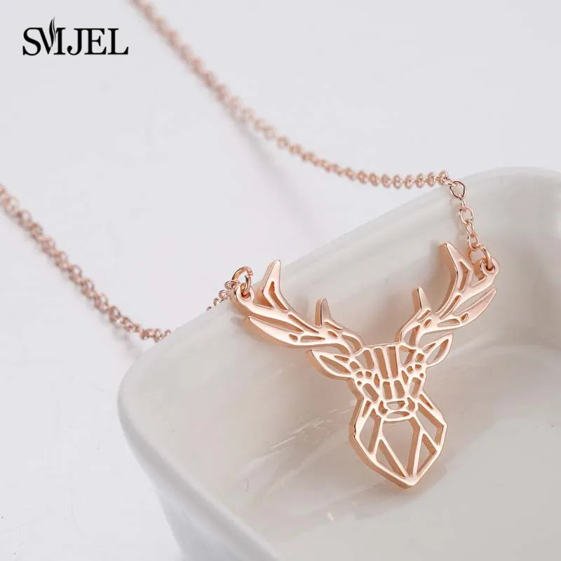 Punk Elk Deer Antlers Pendant Necklace Women Stainless Steel Origami Geometric Animal Necklace For Christmas Gifts Girls