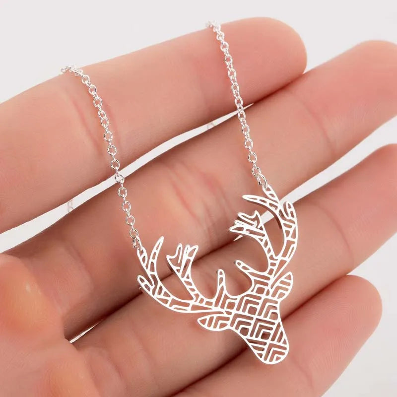 Punk Elk Deer Antlers Pendant Necklace Women Stainless Steel Origami Geometric Animal Necklace For Christmas Gifts Girls