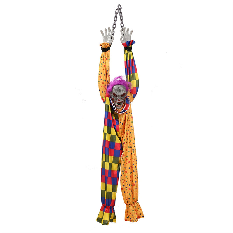 5.6 Ft Halloween Hanging Animated Talking & Shaking Scary Clown with Chain, Touch Activated for Halloween Decor