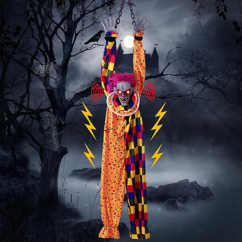 5.6 Ft Halloween Hanging Animated Talking & Shaking Scary Clown with Chain, Touch Activated for Halloween Decor