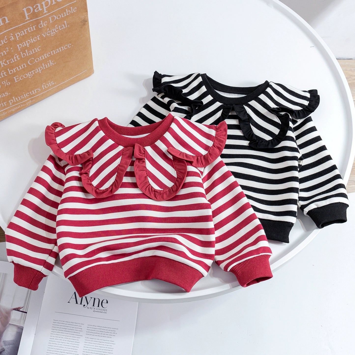 Fashion Baby Girls Sweatshirt Korean Style Ruffles Peter Pan Collar Kids Girl Pullover Tops Long Sleeve Striped Hoody T-Shirts