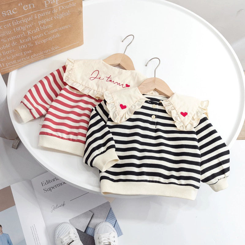 Fashion Baby Girls Sweatshirt Korean Style Ruffles Peter Pan Collar Kids Girl Pullover Tops Long Sleeve Striped Hoody T-Shirts