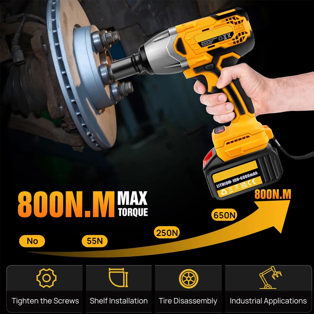 Real 800N.M Torque Brushless Electric Impact Wrench 1/2", 21V Battery Cordless Wrench for Car Repair, 3 IN 1 Power Tool 3 Speeds