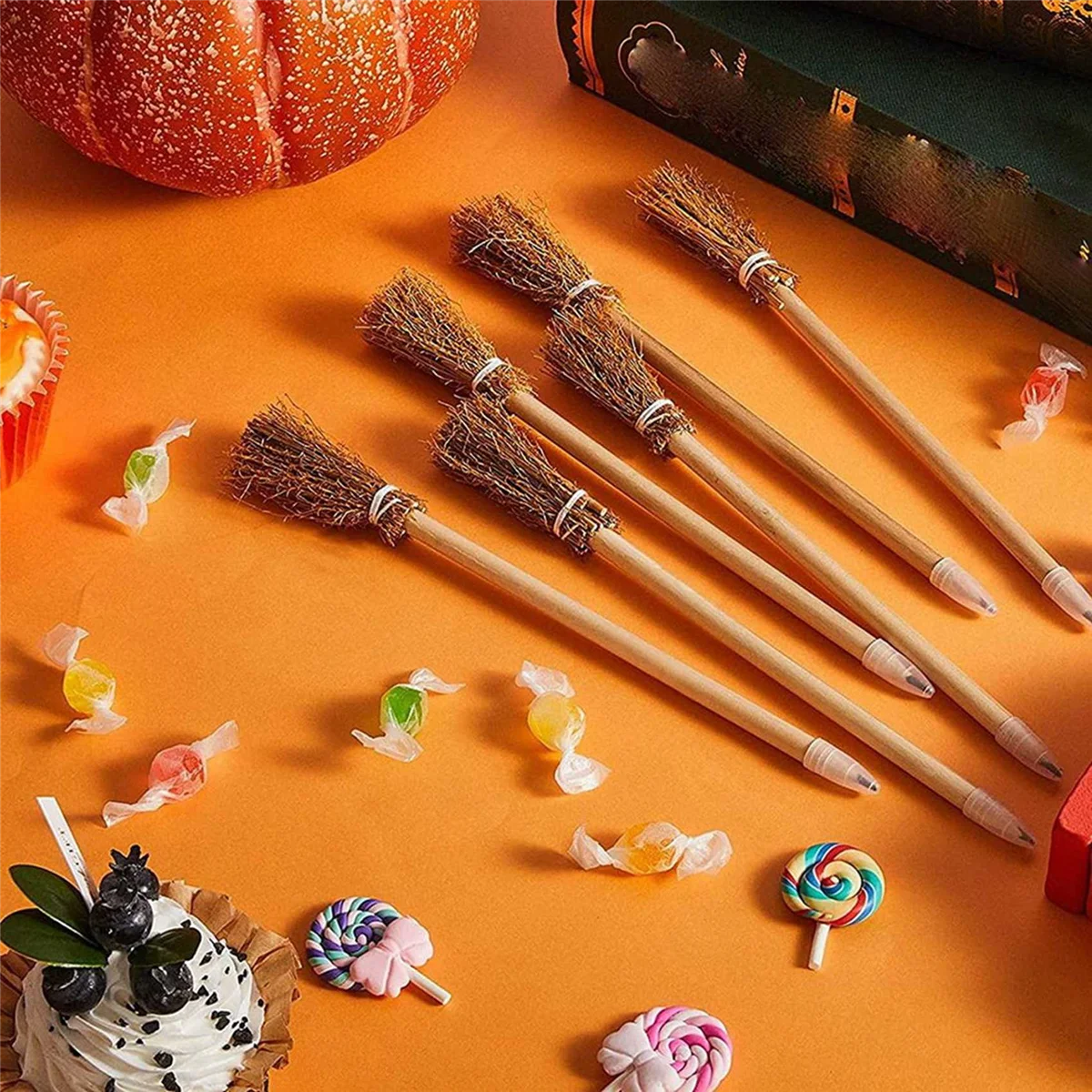 12 Pcs Witch Broom Pencils for Halloween Broomstick Ballpoint Pencils Halloween Favors Witch Broom Prop Writing