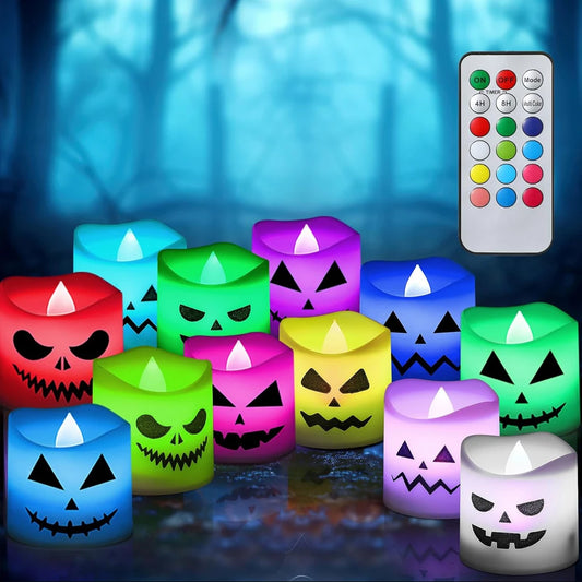 Halloween Flameless Votive Candles Color Changing with Remote Timer, Battery Operated LED Tealight Candles for Halloween Home