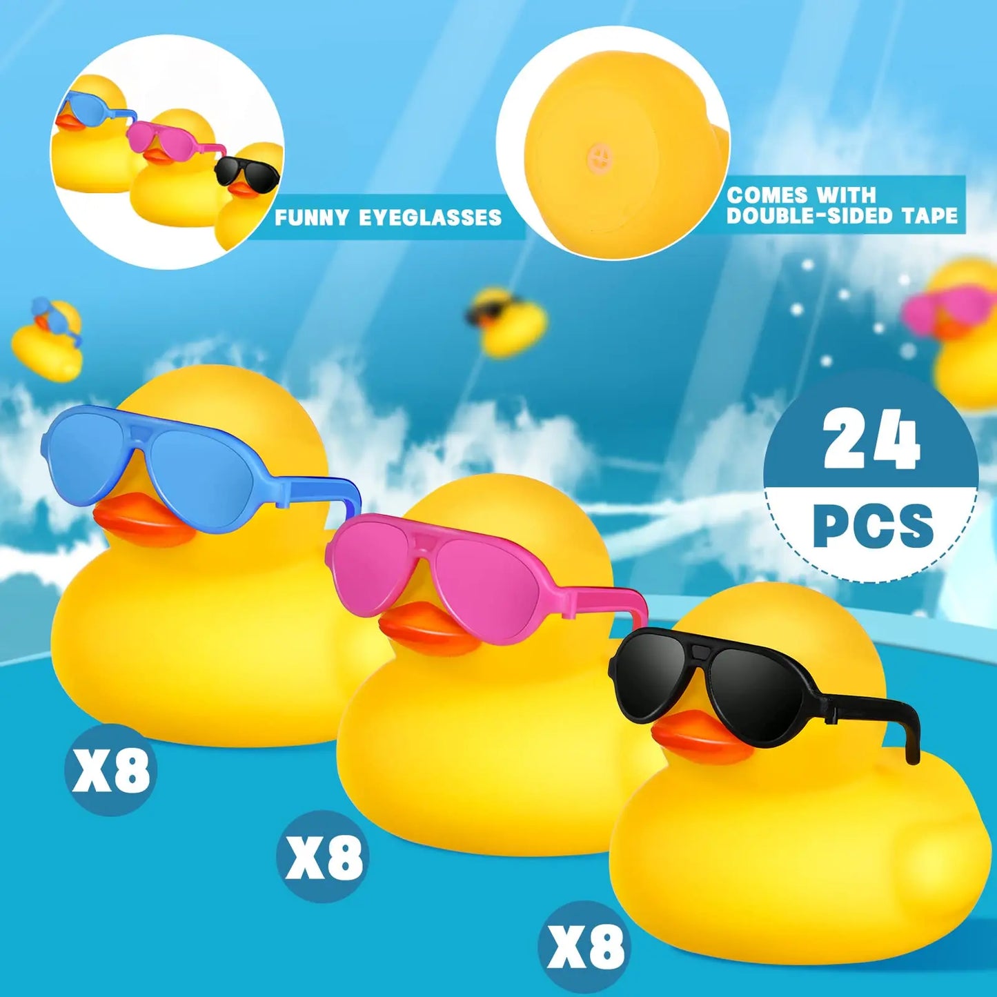 24 Pcs Mini Rubber Ducks with Sunglasses, Rubber Ducks in Bulk Valentine Duck Bathtub Toys for Kids Classroom Gift Exchange