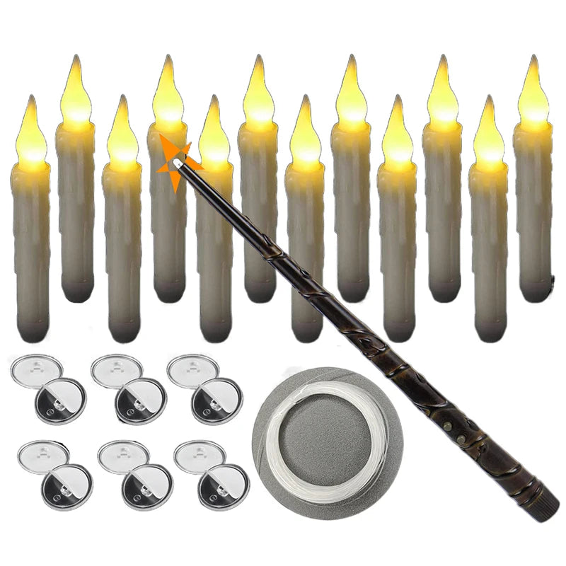 12 Pcs Floating Candles With Magic Wand Flickering Warm Light LED Flameless Candle Taper Candles For Christmas Halloween Party