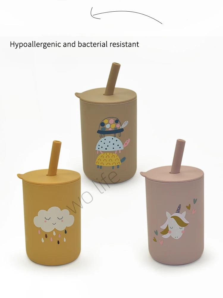 150ML Baby Silicone Cup with Exquisite Pattern Lid Portable Drink Straw Cup Children Leak-proof Feeding Grandma Bottle Cup