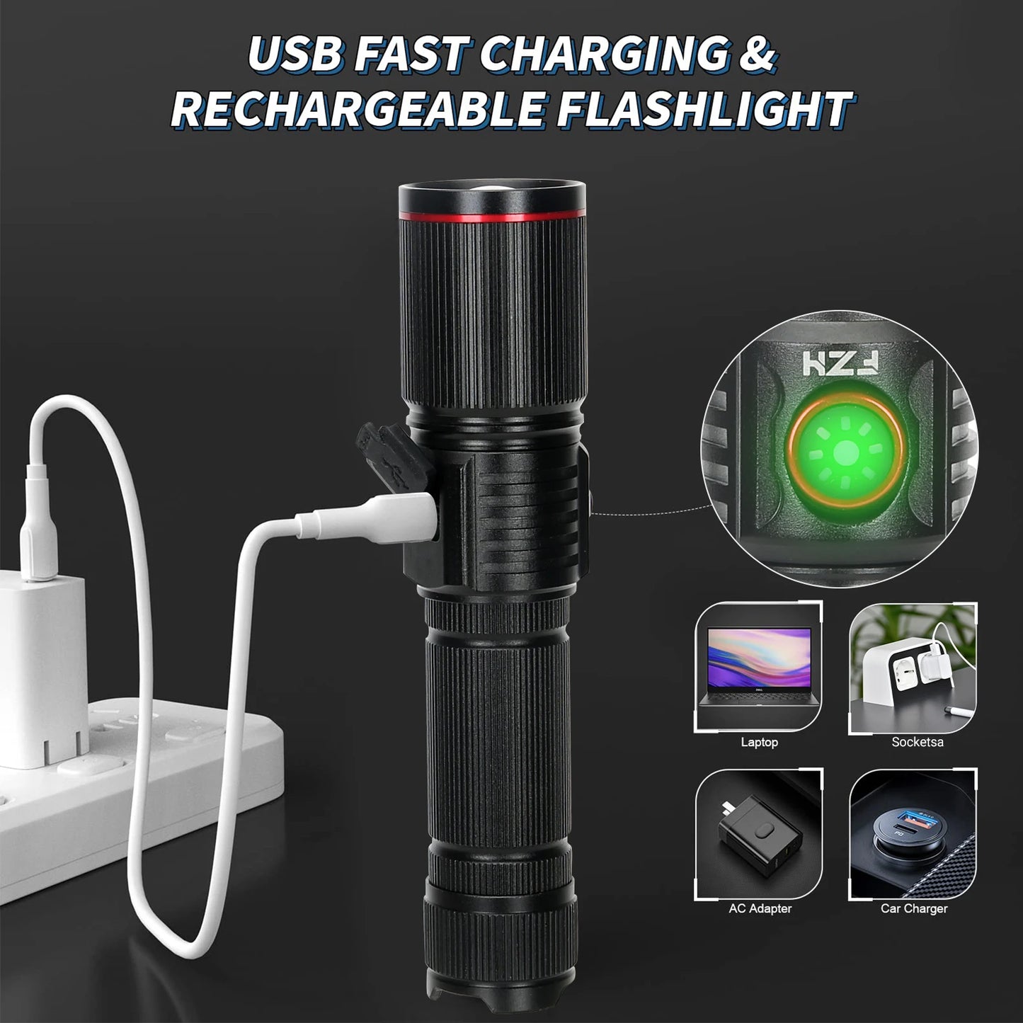 USB Rechargeable Powerful LED Flashlight Outdoors 18650 or 21700 Battery Telescopic Zoom Torch Camping Lamp with Power Indicator