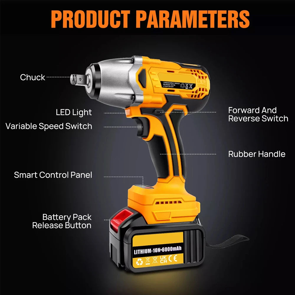 Real 800N.M Torque Brushless Electric Impact Wrench 1/2", 21V Battery Cordless Wrench for Car Repair, 3 IN 1 Power Tool 3 Speeds