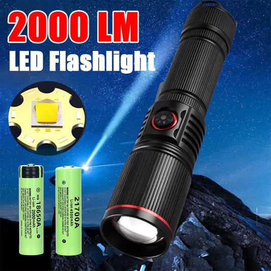 USB Rechargeable Powerful LED Flashlight Outdoors 18650 or 21700 Battery Telescopic Zoom Torch Camping Lamp with Power Indicator