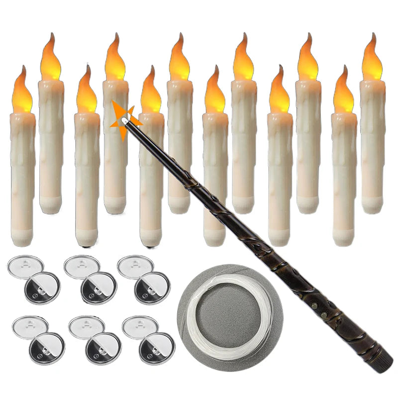 12 Pcs Floating Candles With Magic Wand Flickering Warm Light LED Flameless Candle Taper Candles For Christmas Halloween Party