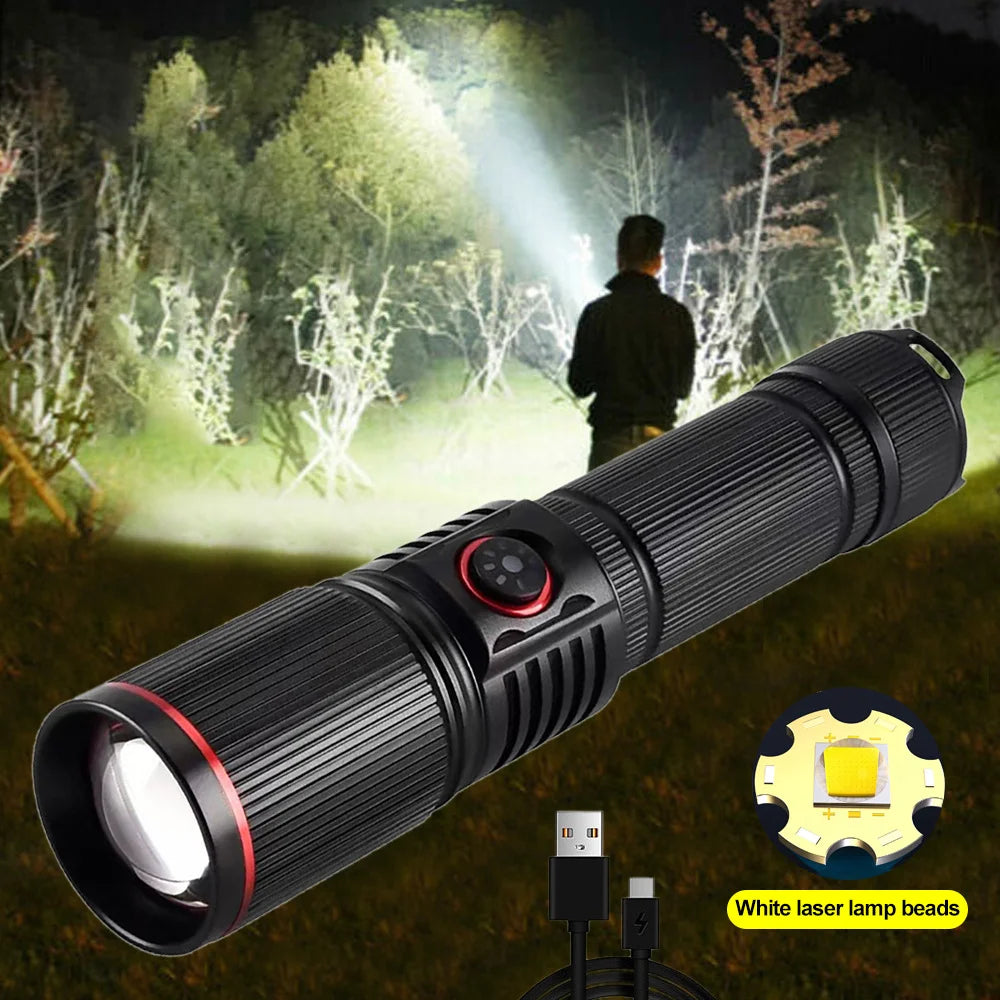 USB Rechargeable Powerful LED Flashlight Outdoors 18650 or 21700 Battery Telescopic Zoom Torch Camping Lamp with Power Indicator