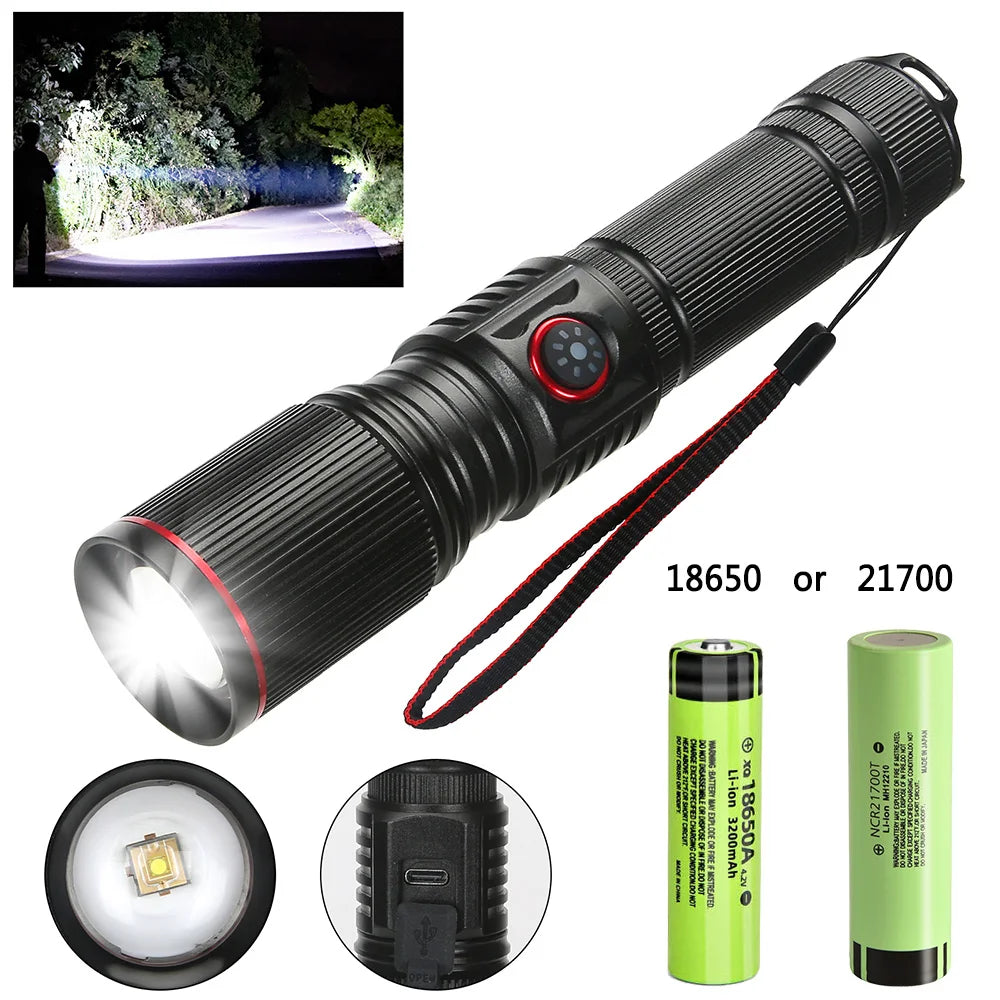 USB Rechargeable Powerful LED Flashlight Outdoors 18650 or 21700 Battery Telescopic Zoom Torch Camping Lamp with Power Indicator