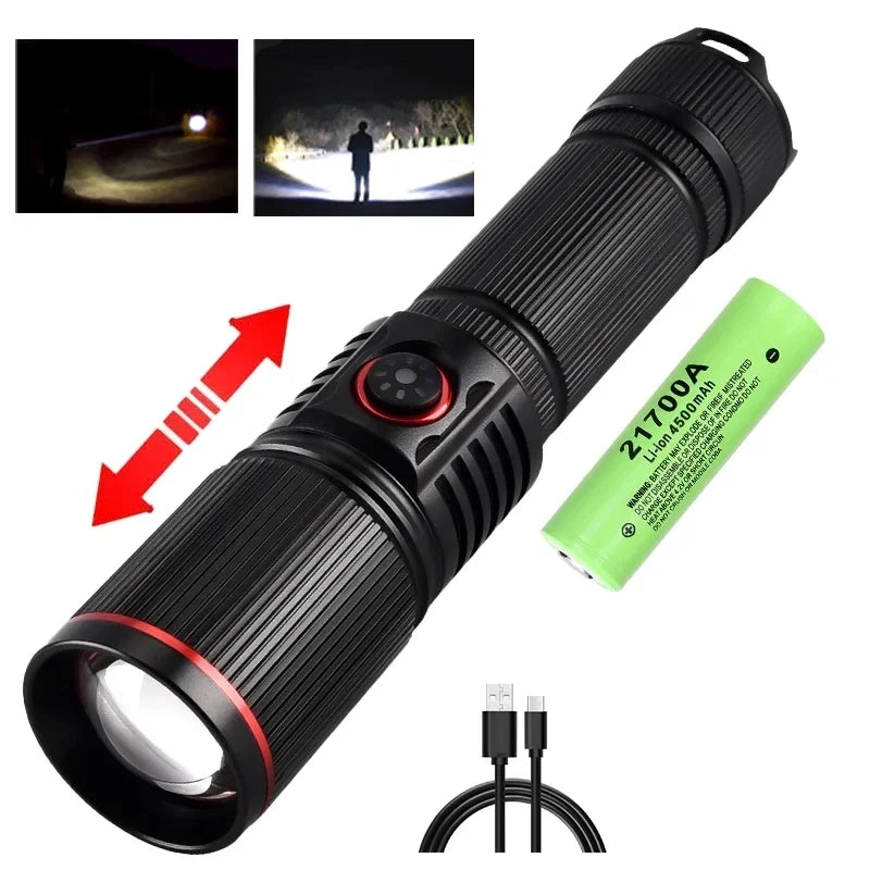 USB Rechargeable Powerful LED Flashlight Outdoors 18650 or 21700 Battery Telescopic Zoom Torch Camping Lamp with Power Indicator