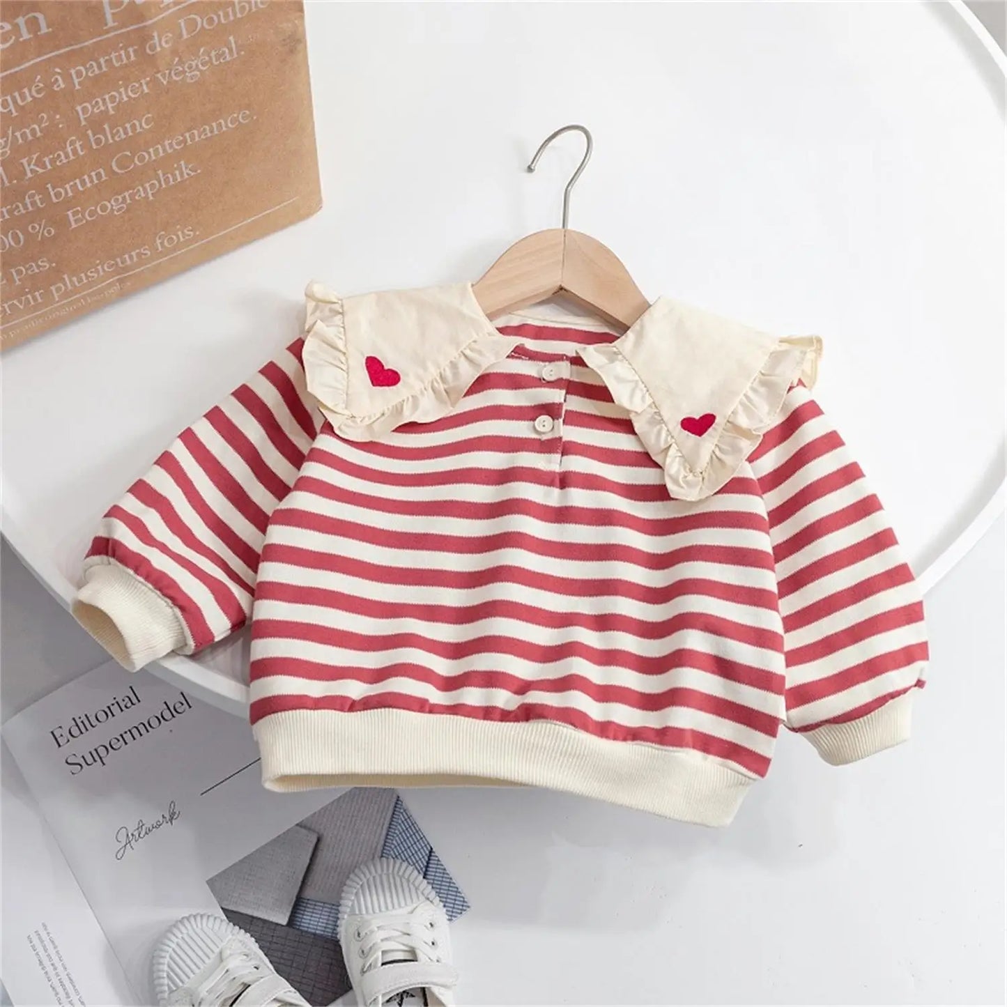 Fashion Baby Girls Sweatshirt Korean Style Ruffles Peter Pan Collar Kids Girl Pullover Tops Long Sleeve Striped Hoody T-Shirts